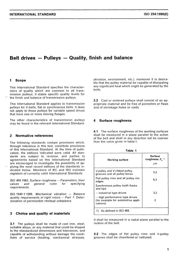 ISO 254:1990 - Belt drives -- Pulleys -- Quality, finish and balance