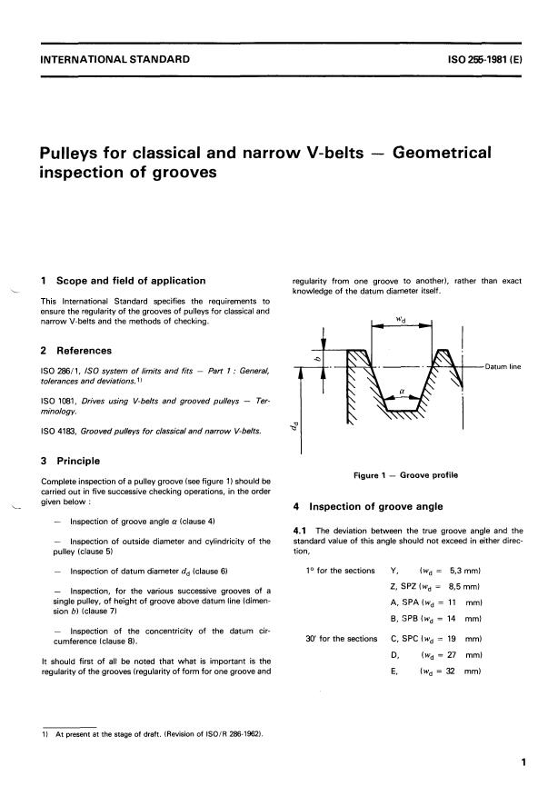 ISO 255:1981 - Pulleys for classical and narrow V-belts -- Geometrical inspection of grooves