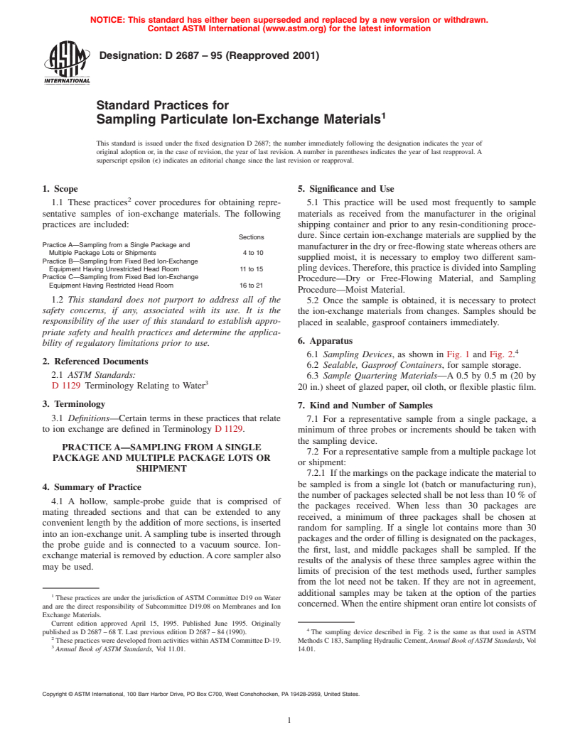 ASTM D2687-95(2001) - Standard Practices for Sampling Particulate Ion-Exchange Materials