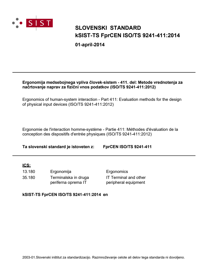 kTS FprCEN ISO/TS 9241-411:2014