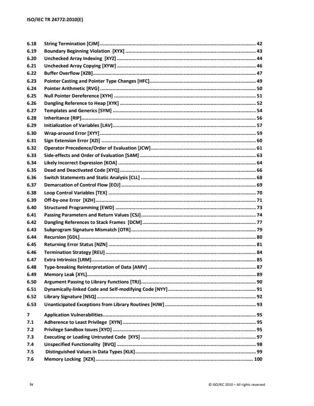 ISO/IEC TR 24772:2010 ISO/IEC TR 24772:2010 - Information technology -- Programming languages -- Guidance to avoiding vulnerabilities in programming languages through language selection and use - Page 4 preview