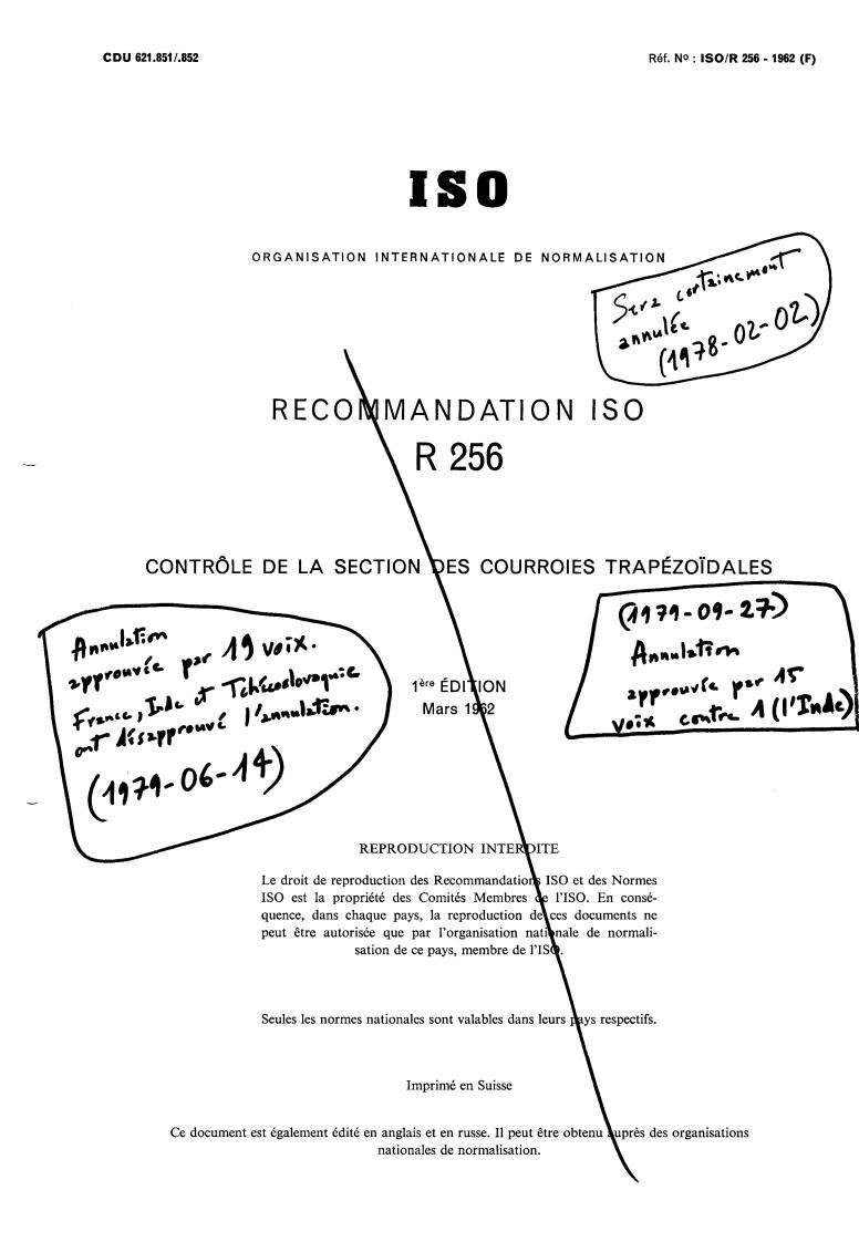 ISO/R 256:1962 - Withdrawal of ISO/R 256-1962
Released:3/1/1962