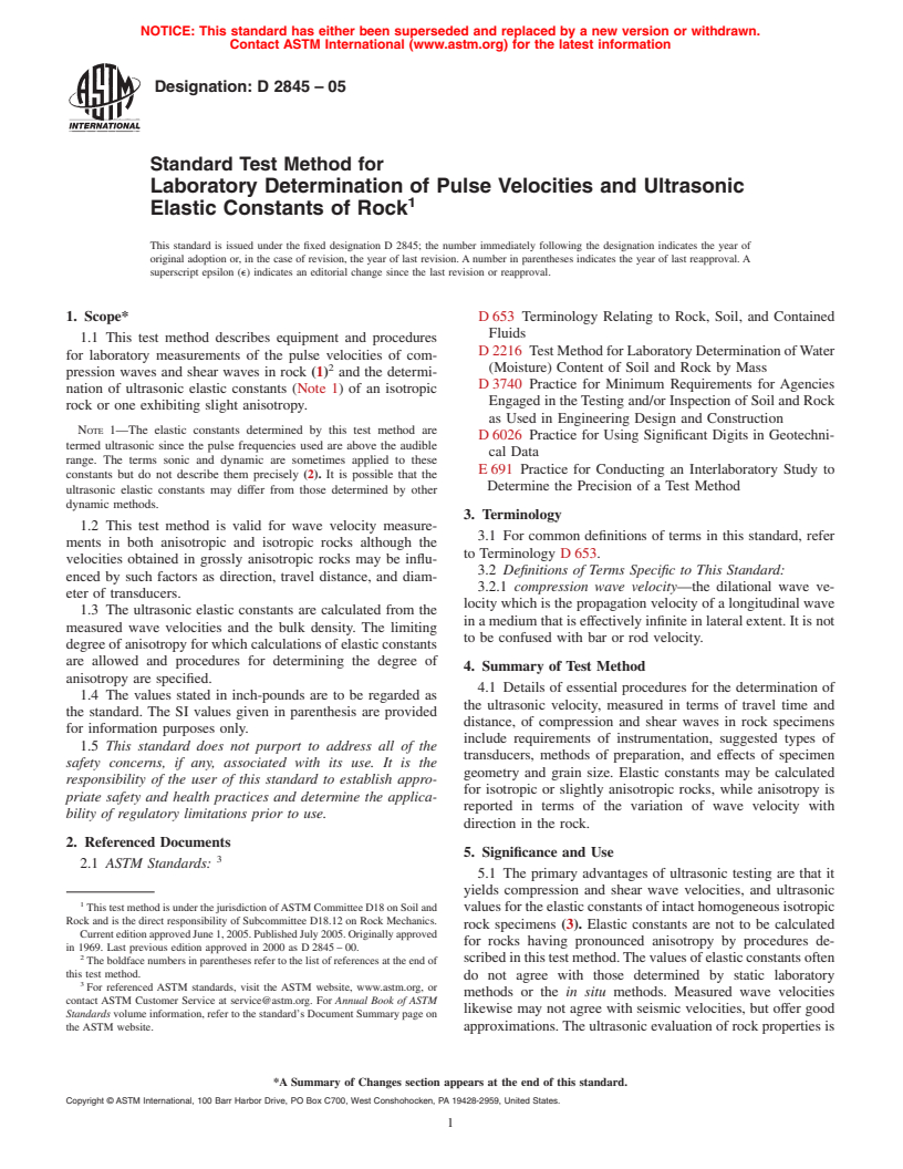 ASTM D2845-05 - Standard Test Method for Laboratory Determination of Pulse Velocities and Ultrasonic Elastic Constants of Rock