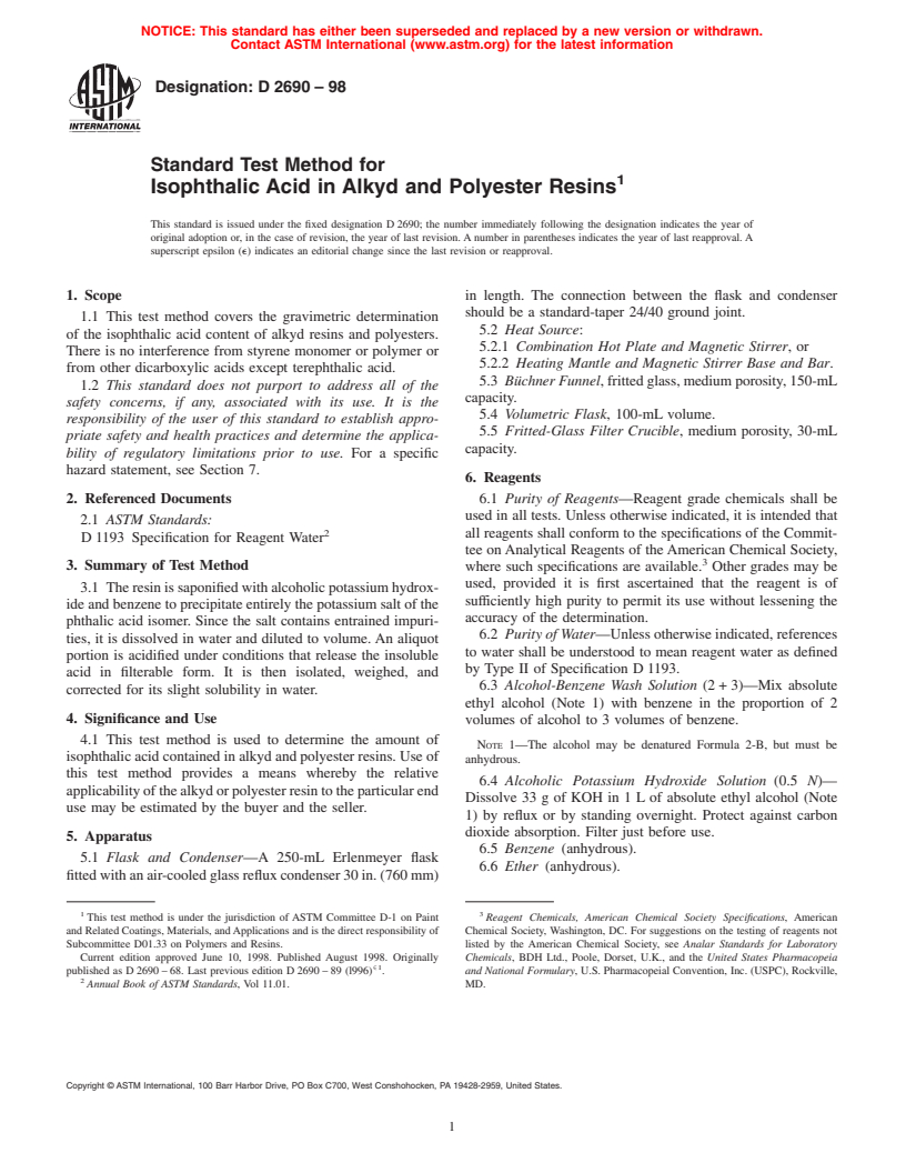 ASTM D2690-98 - Standard Test Method for Isophthalic Acid in Alkyd and Polyester Resins (Withdrawn 2007)