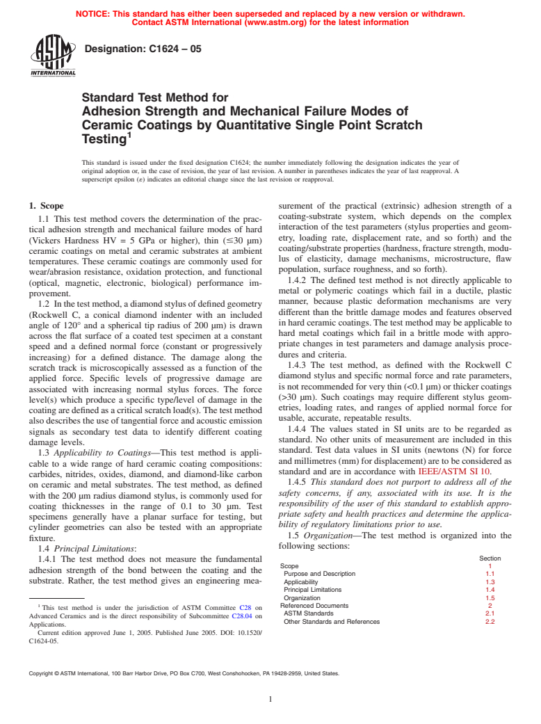 ASTM C1624-05 - Standard Test Method for Adhesion Strength and Mechanical Failure Modes of Ceramic Coatings by Quantitative Single Point Scratch Testing