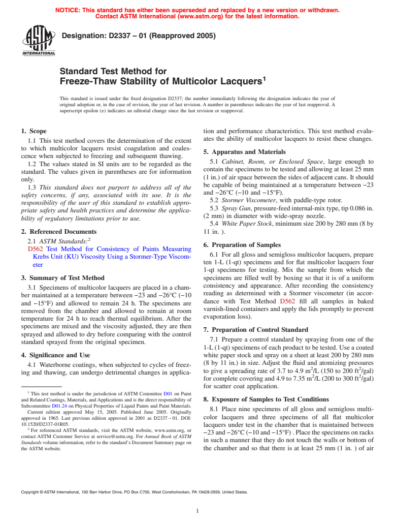 ASTM D2337-01(2005) - Standard Test Method for Freeze-Thaw Stability of Multicolor Lacquers