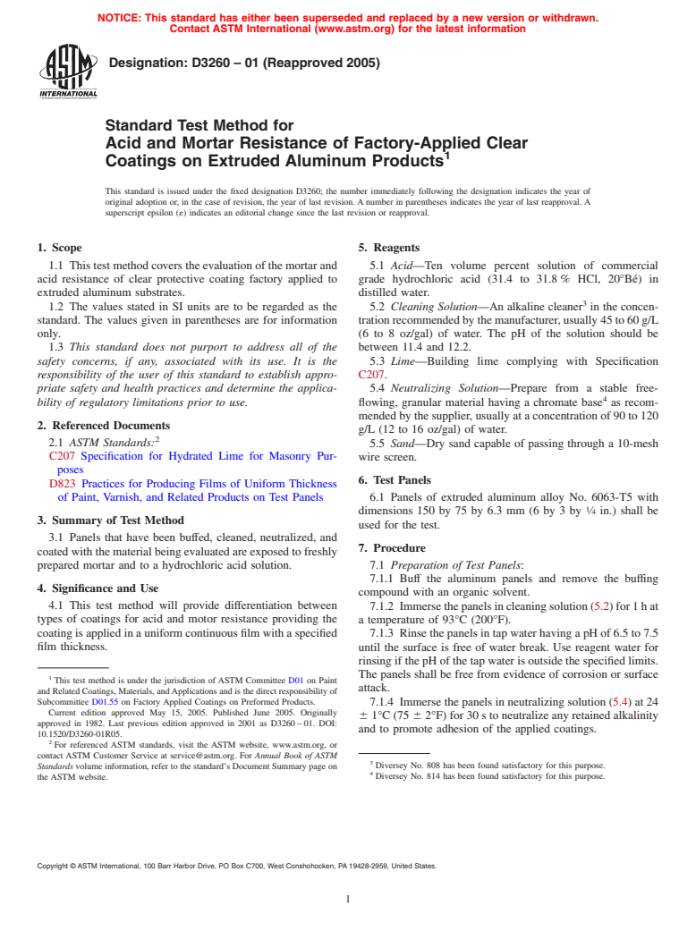 ASTM D3260-01(2005) - Standard Test Method for Acid and Mortar Resistance of Factory-Applied Clear Coatings on Extruded Aluminum Products