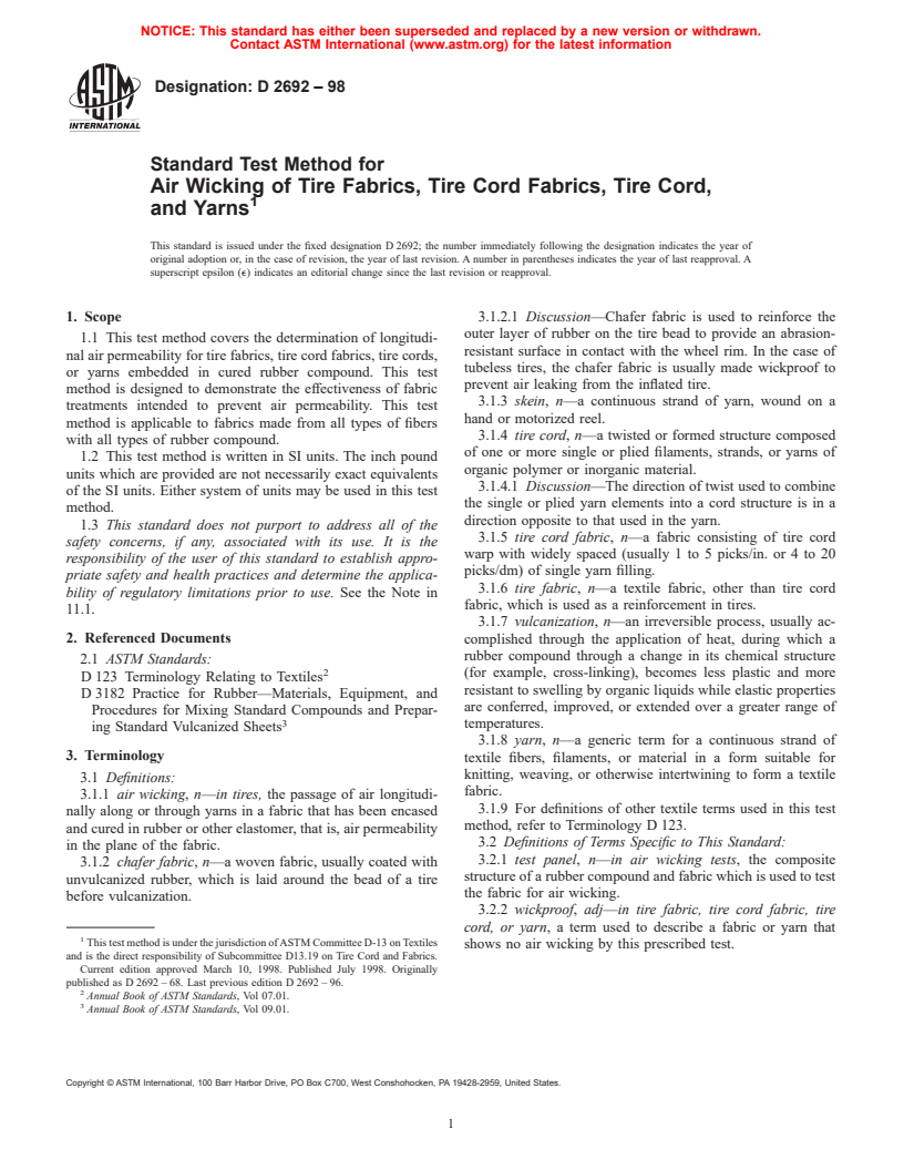 ASTM D2692-98 - Standard Test Method for Air Wicking of Tire Fabrics, Tire Cord Fabrics, Tire Cord, and Yarns