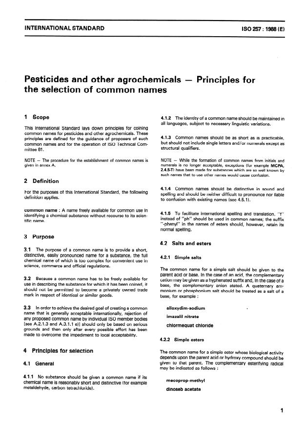 ISO 257:1988 - Pesticides and other agrochemicals -- Principles for the selection of common names