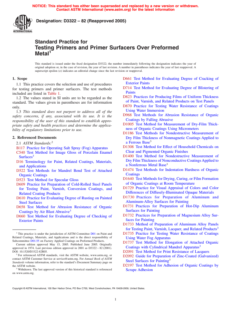 ASTM D3322-82(2005) - Standard Practice for Testing Primers and Primer Surfacers Over Preformed Metal