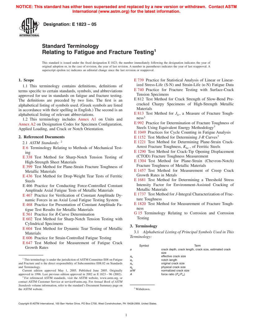 ASTM E1823-05 - Standard Terminology Relating to Fatigue and Fracture Testing