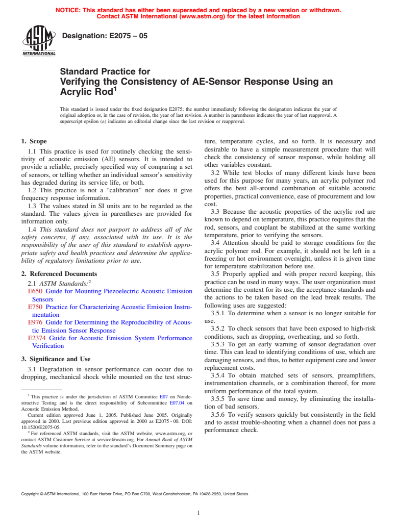 ASTM E2075-05 - Standard Practice for Verifying the Consistency of AE-Sensor Response Using an Acrylic Rod