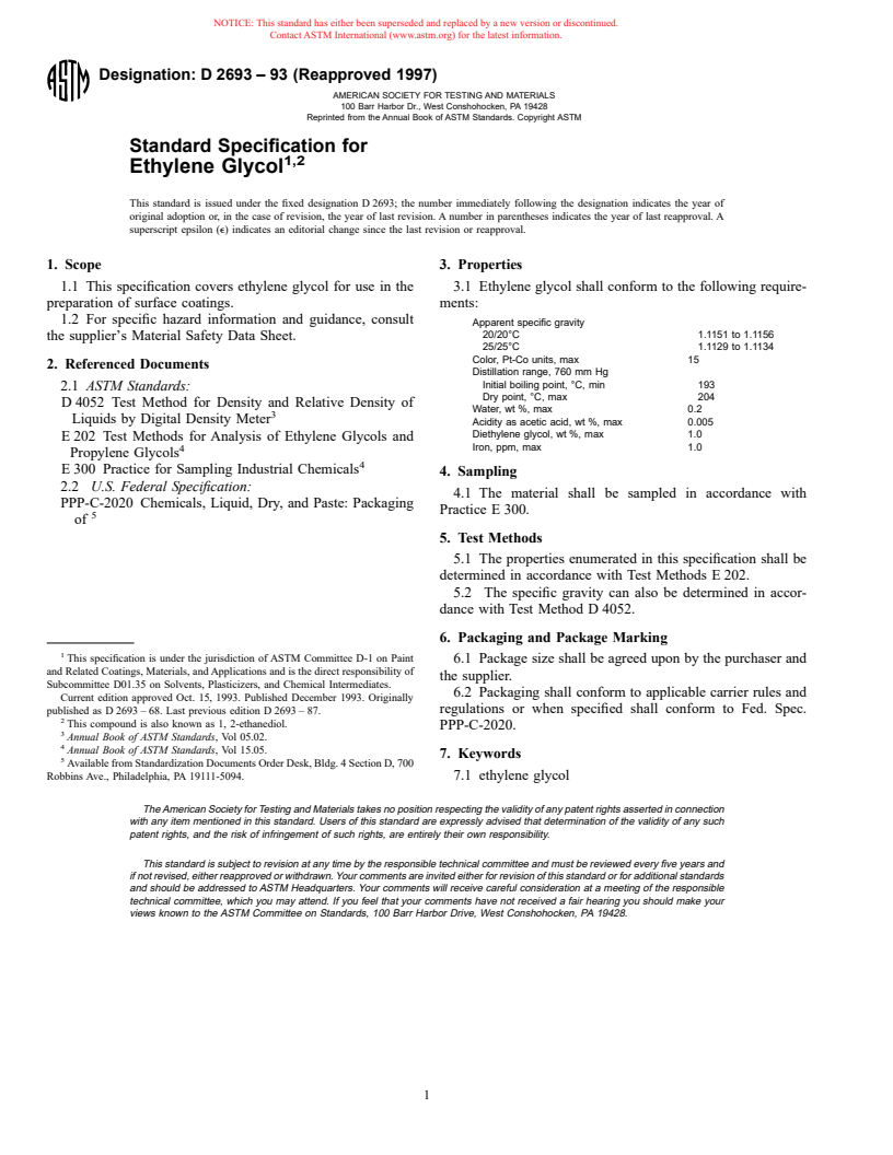 ASTM D2693-93(1997) - Standard Specification for Ethylene Glycol