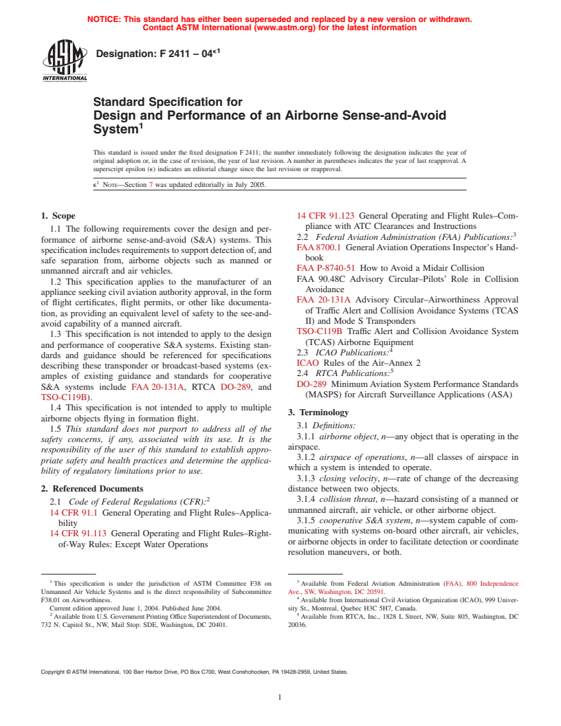 ASTM F2411-04e1 - Standard Specification for Design and Performance of an Airborne Sense-and-Avoid System