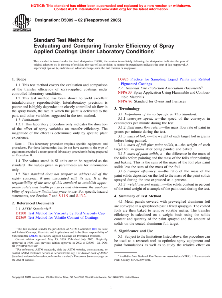 ASTM D5009-02(2005) - Standard Test Method for Evaluating and Comparing Transfer Efficiency of Spray Applied Coatings Under Laboratory Conditions