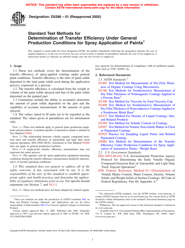 ASTM D5286-01(2005) - Standard Test Methods for Determination of Transfer Efficiency Under General Production Conditions for Spray Application of Paints