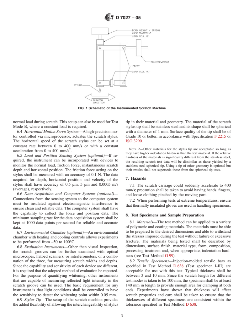 ASTM D7027-05 - Standard Test Method for Evaluation of Scratch Resistance of Polymeric Coatings and Plastics Using an Instrumented Scratch Machine