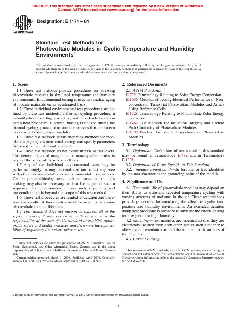 ASTM E1171-04 - Standard Test Methods for Photovoltaic Modules in Cyclic Temperature and Humidity Environments