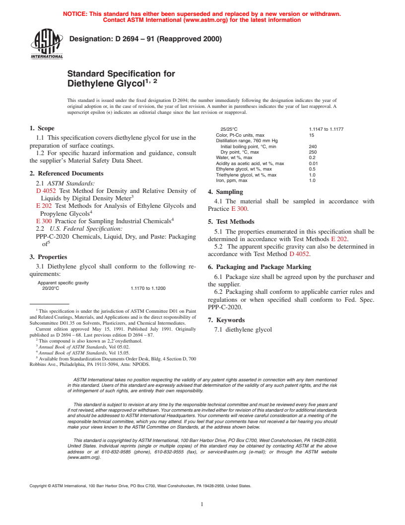 ASTM D2694-91(2000) - Standard Specification for Diethylene Glycol