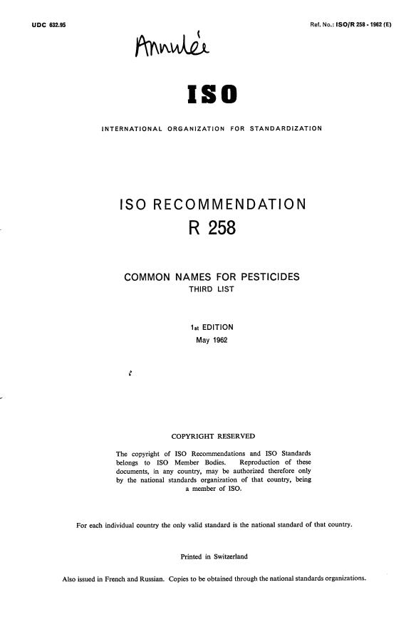 ISO/R 258:1962 - Withdrawal of ISO/R 258-1962