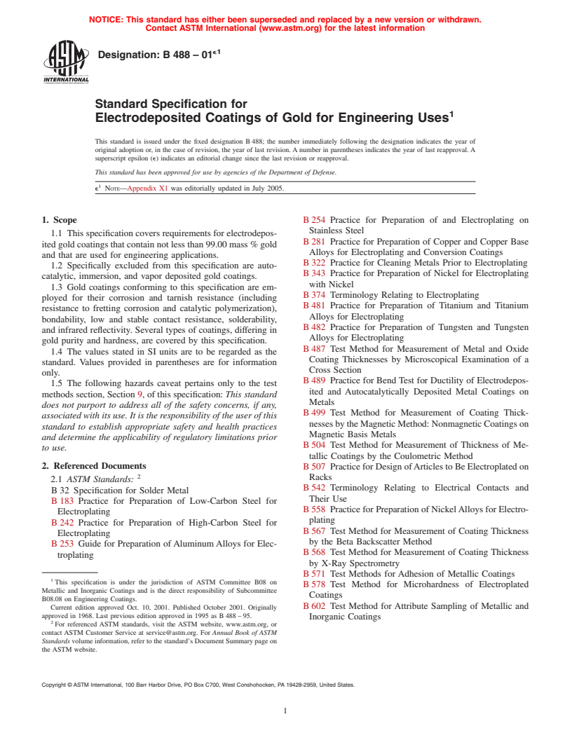ASTM B488-01e1 - Standard Specification for Electrodeposited Coatings of Gold for Engineering Uses