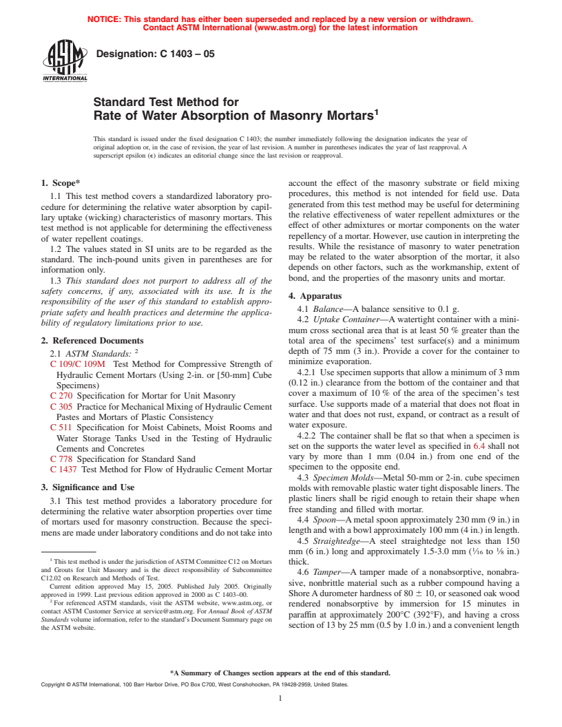 ASTM C1403-05 - Standard Test Method for Rate of Water Absorption of Masonry Mortars