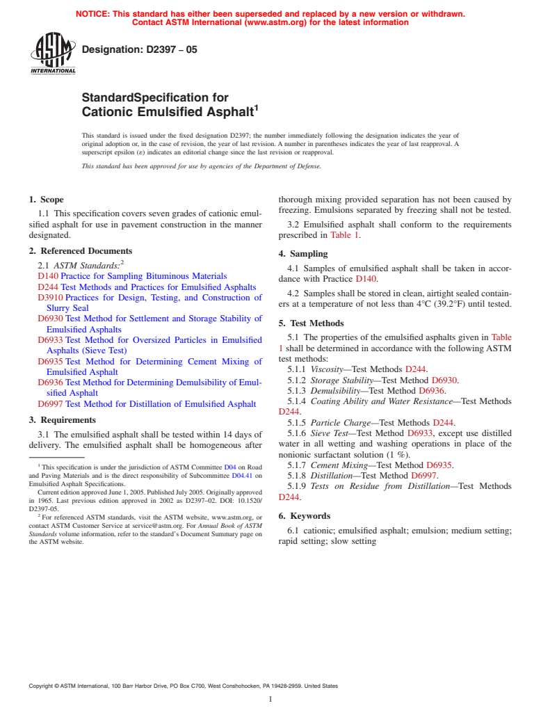 ASTM D2397-05 - Standard Specification for Cationic Emulsified Asphalt