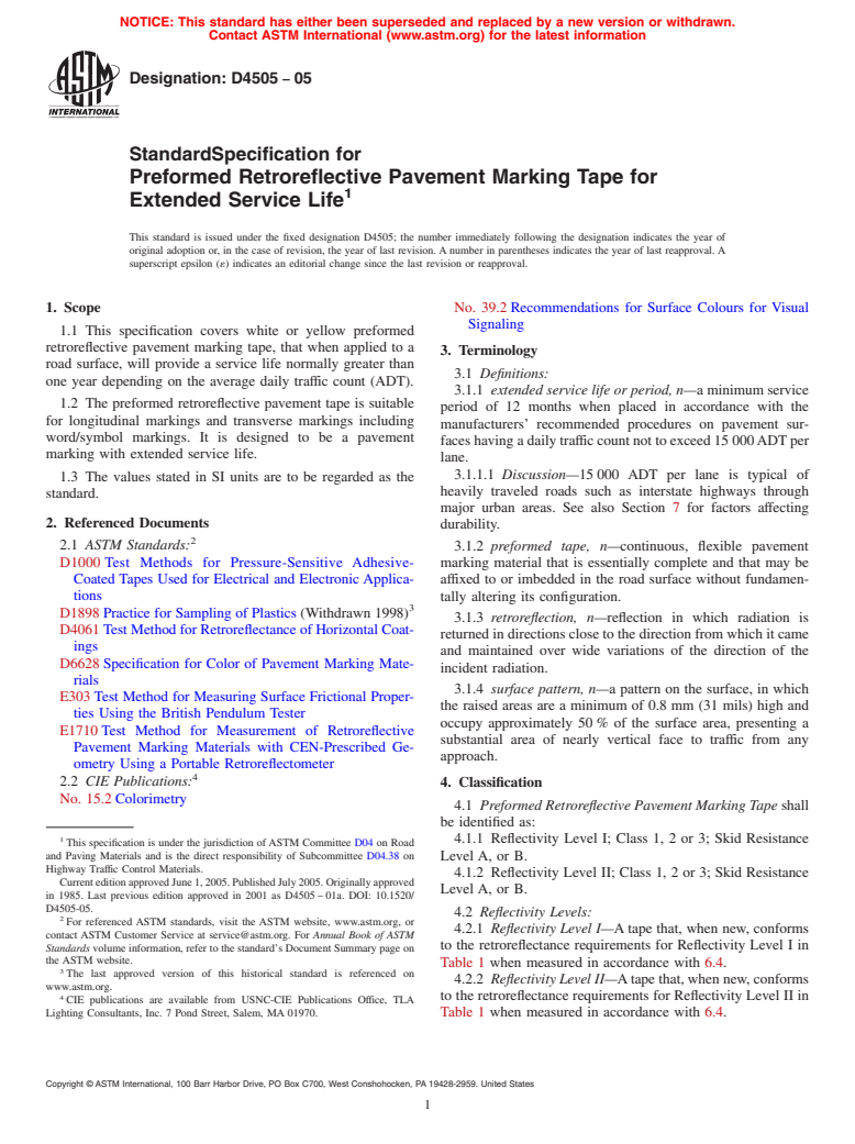 ASTM D4505-05 - Standard Specification for Preformed Retroreflective Pavement Marking Tape for Extended Service Life