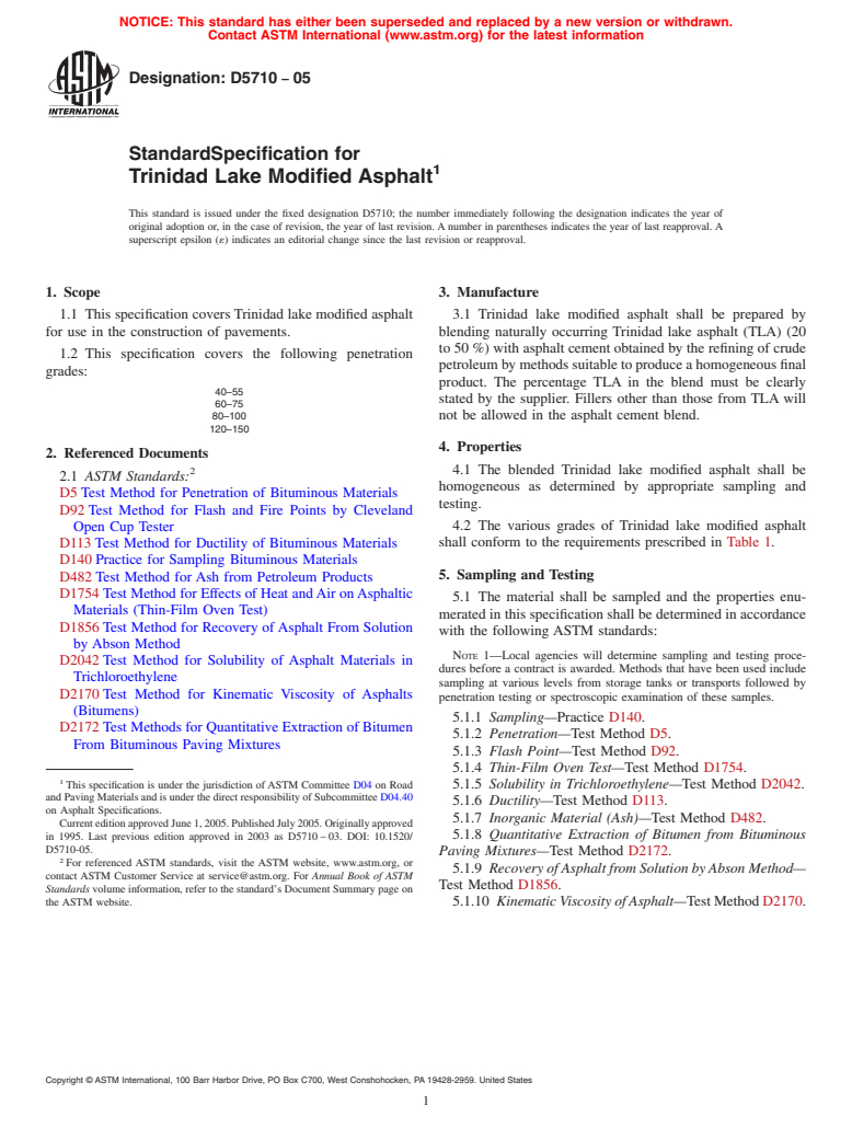 ASTM D5710-05 - Standard Specification for Trinidad Lake Modified Asphalt