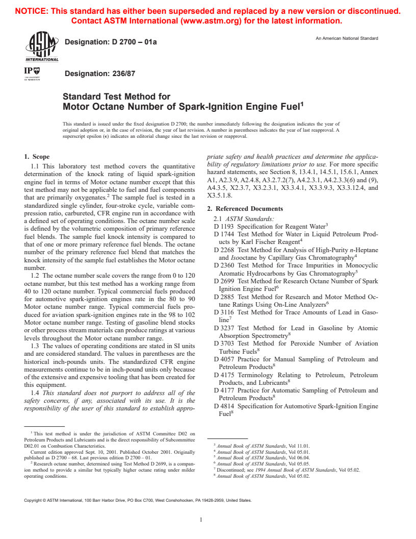 ASTM D2700-01a - Standard Test Method for Motor Octane Number of Spark-Ignition Engine Fuel