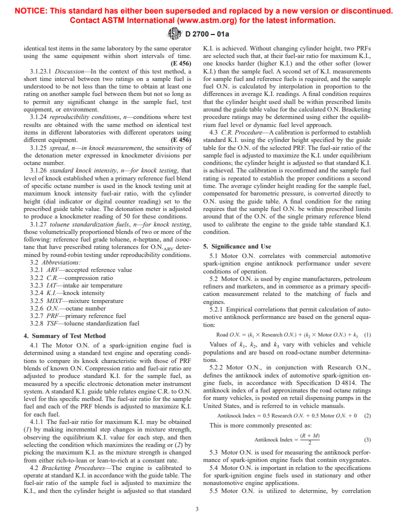 ASTM D2700-01a - Standard Test Method for Motor Octane Number of Spark-Ignition Engine Fuel