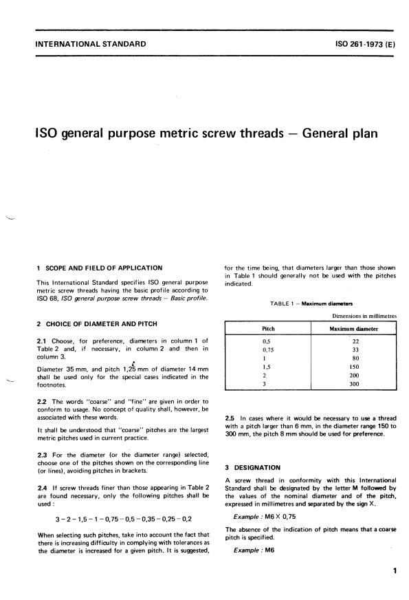 ISO 261:1973 - ISO general purpose metric screw threads -- General plan