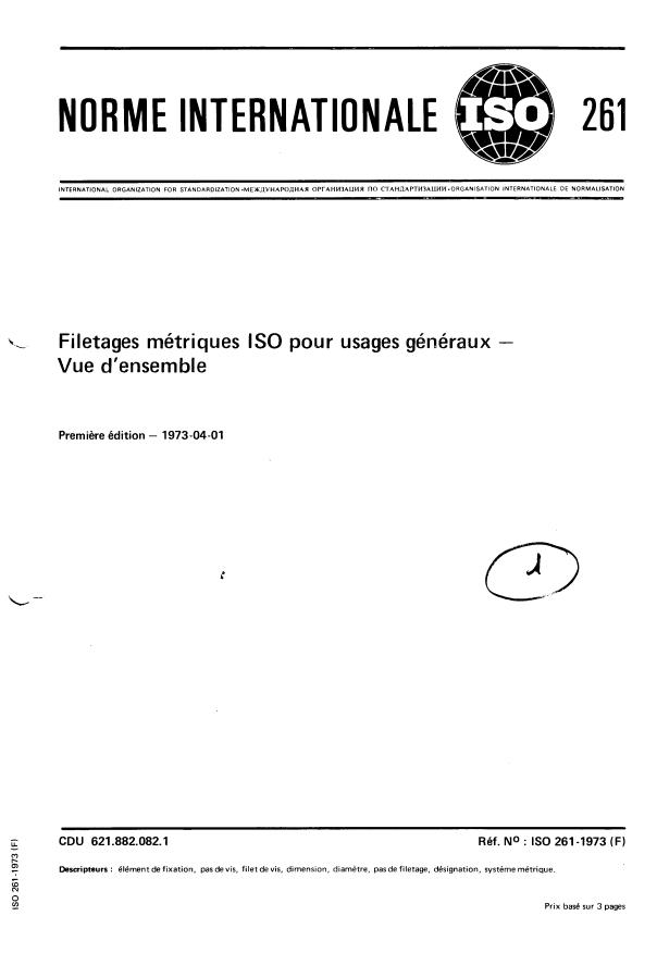 ISO 261:1973 - Filetages métriques ISO pour usages généraux -- Vue d'ensemble