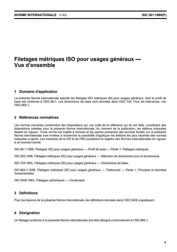 ISO 261:1998 - Filetages métriques ISO pour usages généraux -- Vue d'ensemble