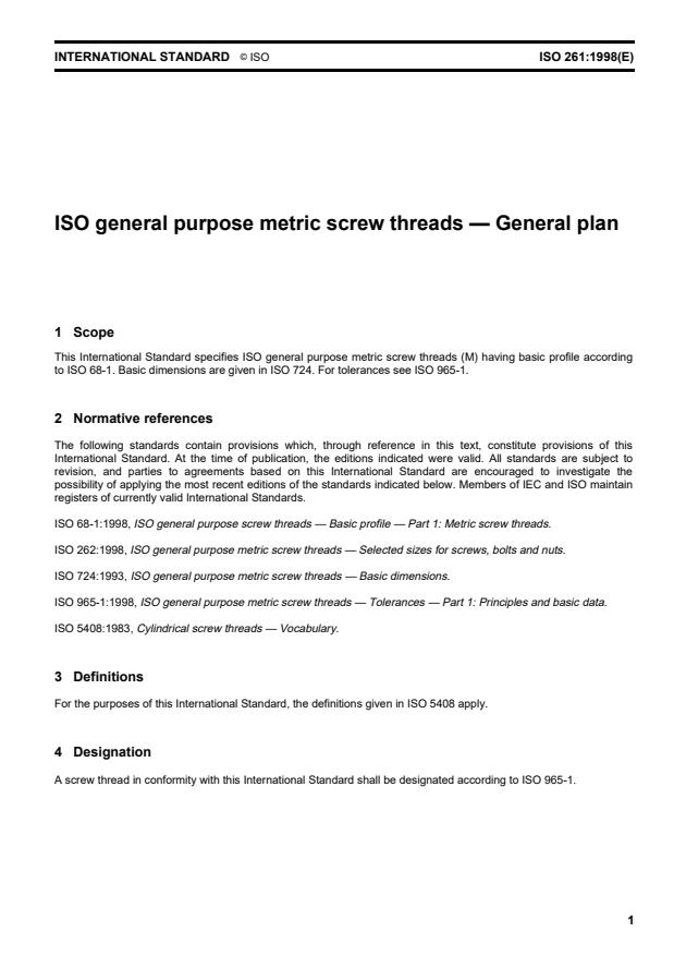 ISO 261:1998 - ISO general purpose metric screw threads -- General plan