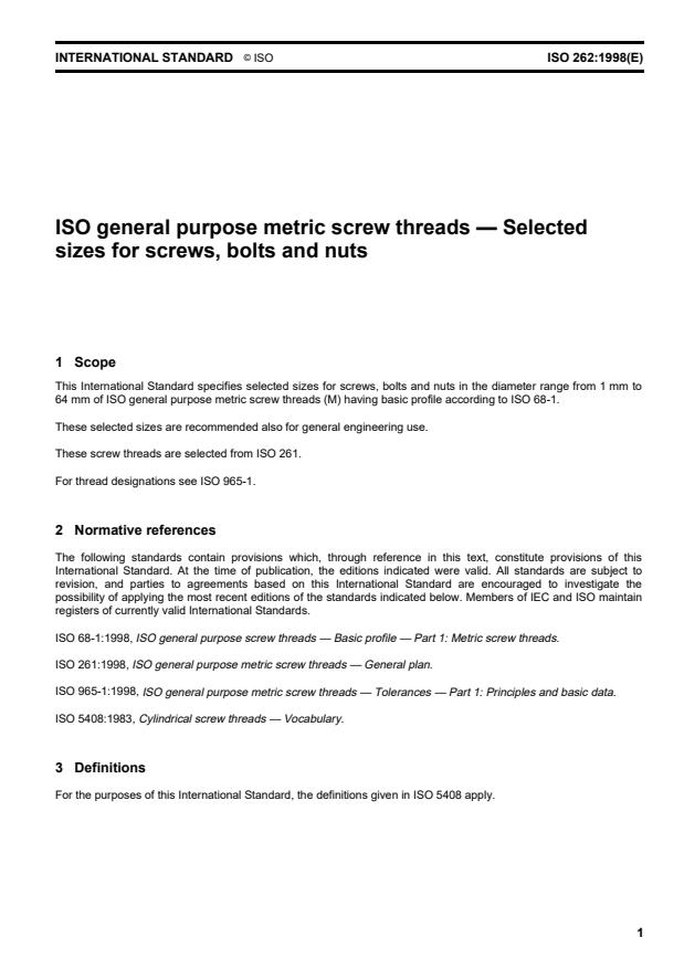 ISO 262:1998 - ISO general purpose metric screw threads -- Selected sizes for screws, bolts and nuts