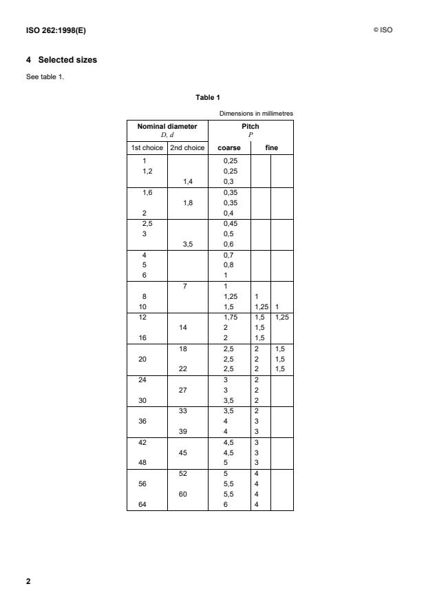 ISO 262:1998 ISO 262:1998 - ISO general purpose metric screw threads -- Selected sizes for screws, bolts and nuts - Page 4 preview