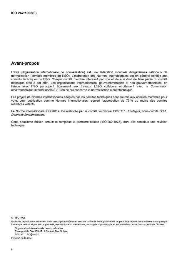 ISO 262:1998 ISO 262:1998 - Filetages métriques ISO pour usages généraux -- Sélection de dimensions pour la boulonnerie - Page 2 preview