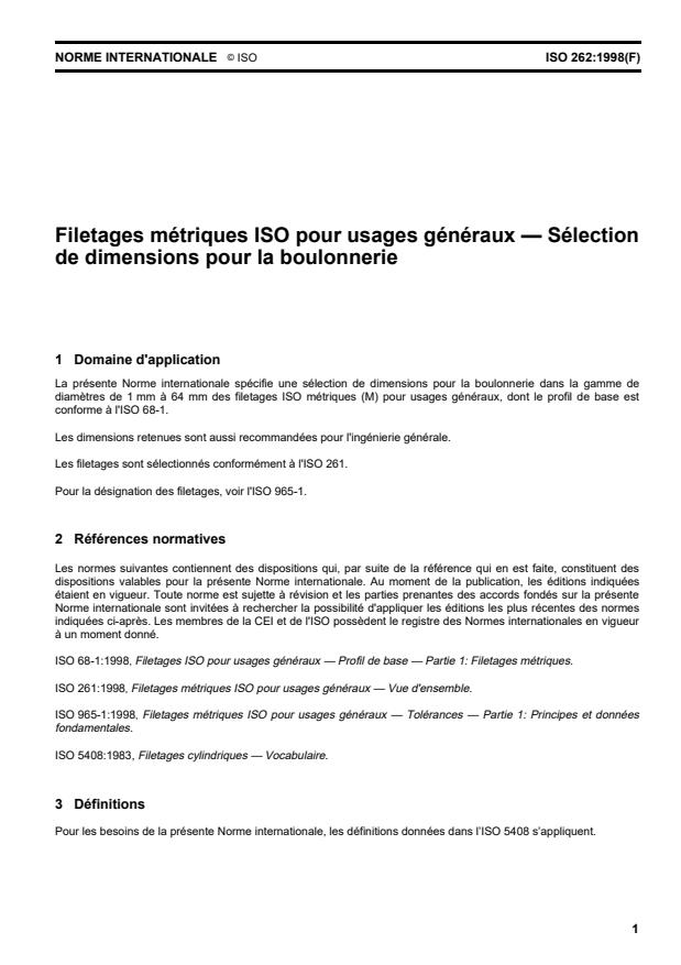 ISO 262:1998 - Filetages métriques ISO pour usages généraux -- Sélection de dimensions pour la boulonnerie