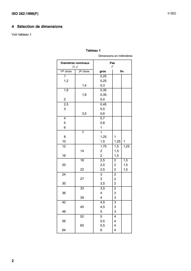 ISO 262:1998 ISO 262:1998 - Filetages métriques ISO pour usages généraux -- Sélection de dimensions pour la boulonnerie - Page 4 preview