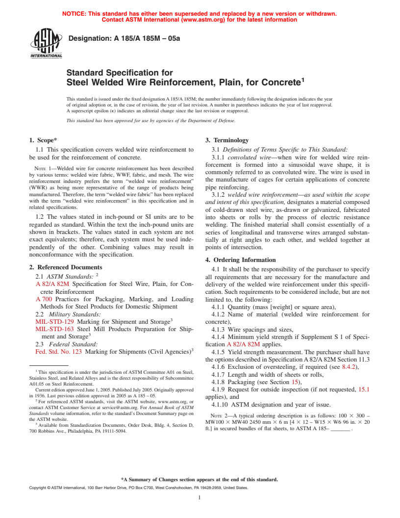 ASTM A185/A185M-05a - Standard Specification for Steel Welded Wire Reinforcement, Plain, for Concrete
