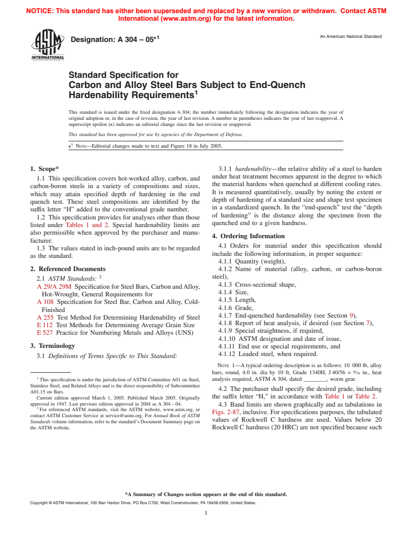 ASTM A304-05e1 - Standard Specification for Carbon and Alloy Steel Bars Subject to End-Quench Hardenability Requirements