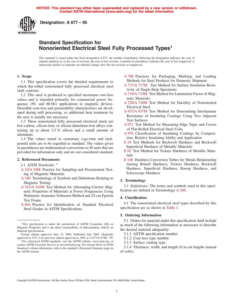 ASTM A677-05 - Standard Specification for Nonoriented Electrical Steel Fully Processed Types