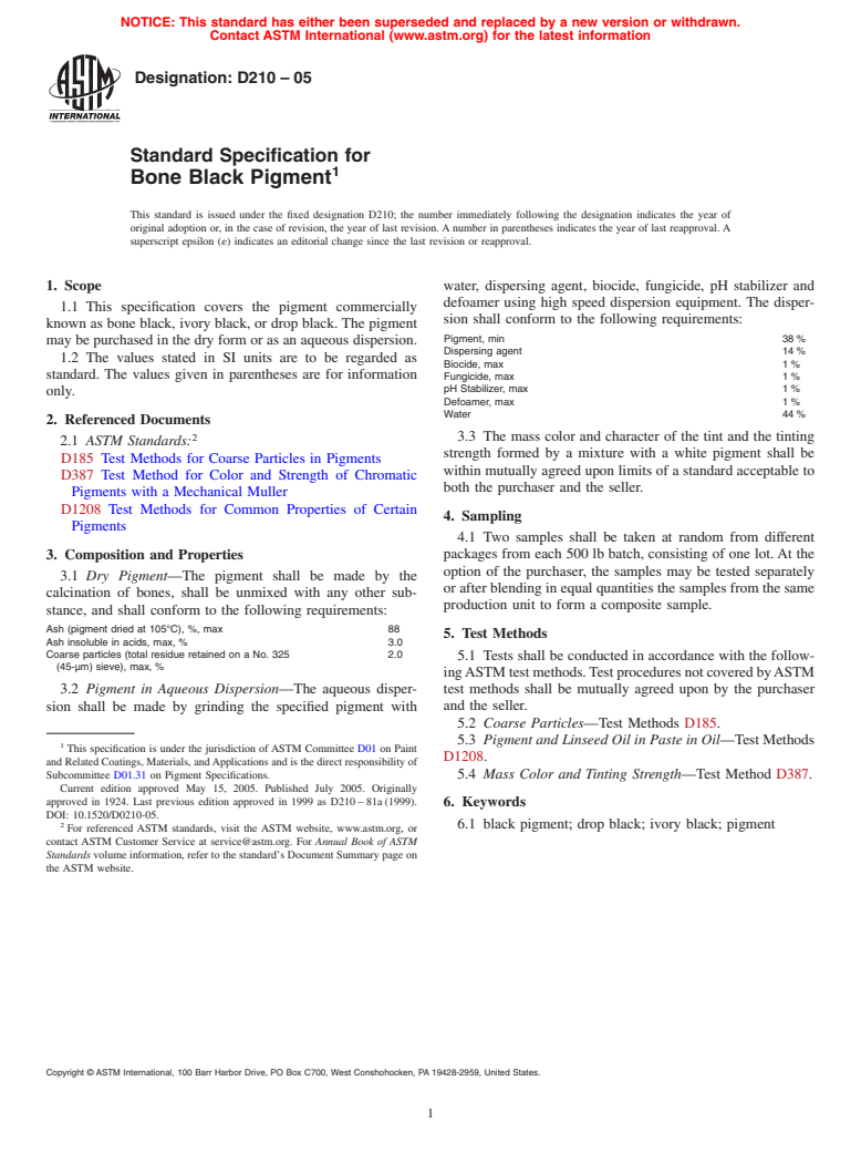 ASTM D210-05 - Standard Specification for Bone Black Pigment