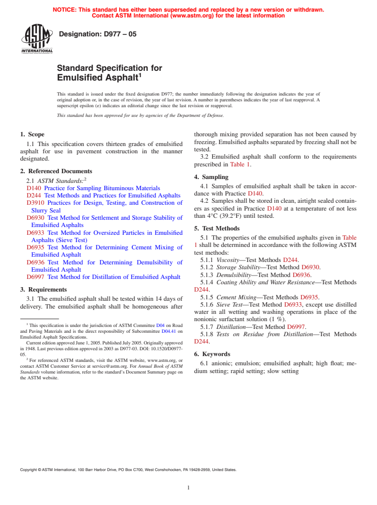 ASTM D977-05 - Standard Specification for Emulsified Asphalt