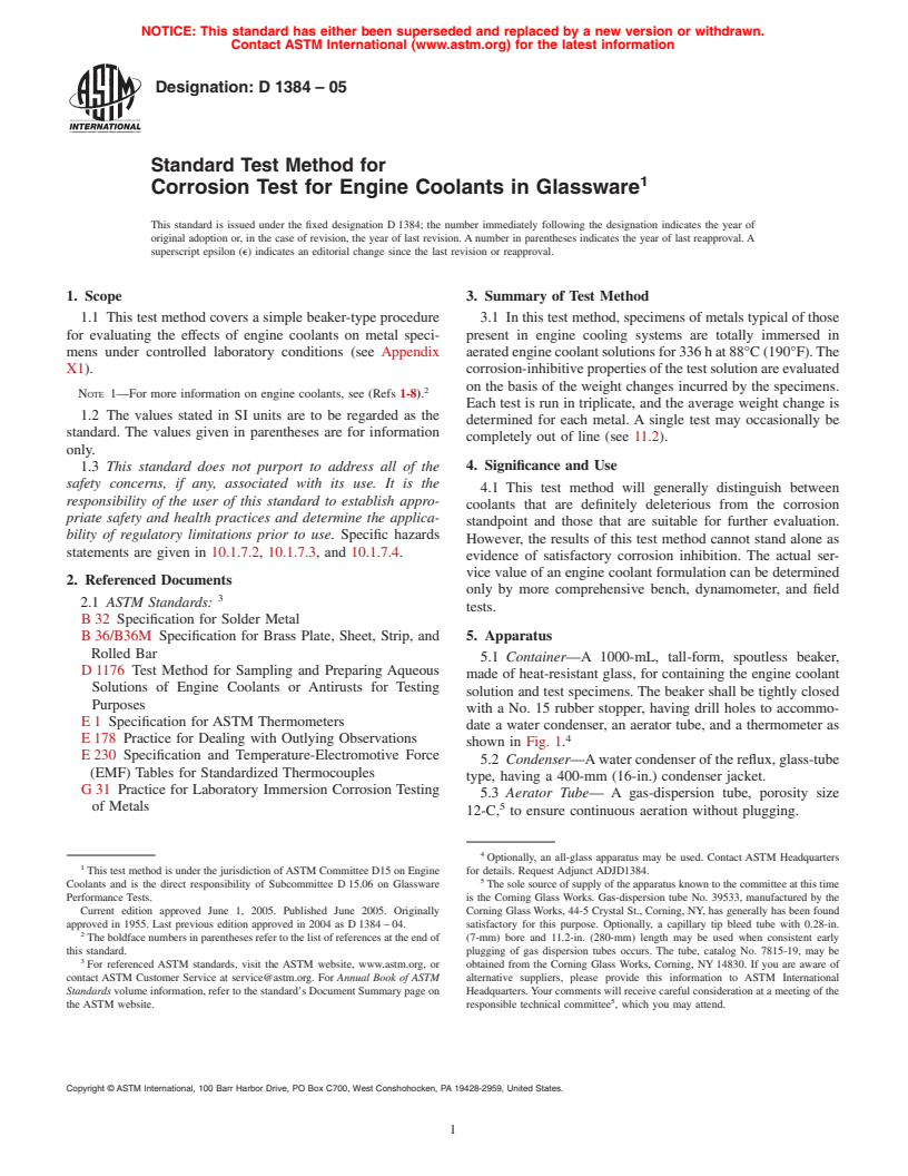 ASTM D1384-05 - Standard Test Method for Corrosion Test for Engine Coolants in Glassware