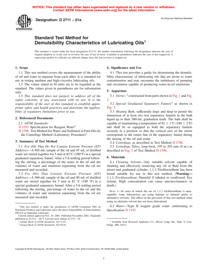 ASTM D2711-01a - Standard Test Method for Demulsibility Characteristics of Lubricating Oils