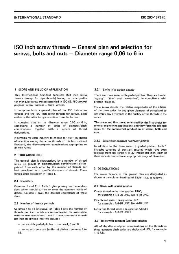 ISO 263:1973 - ISO inch screw threads -- General plan and selection for screws, bolts and nuts -- Diameter range 0,06 to 6 in