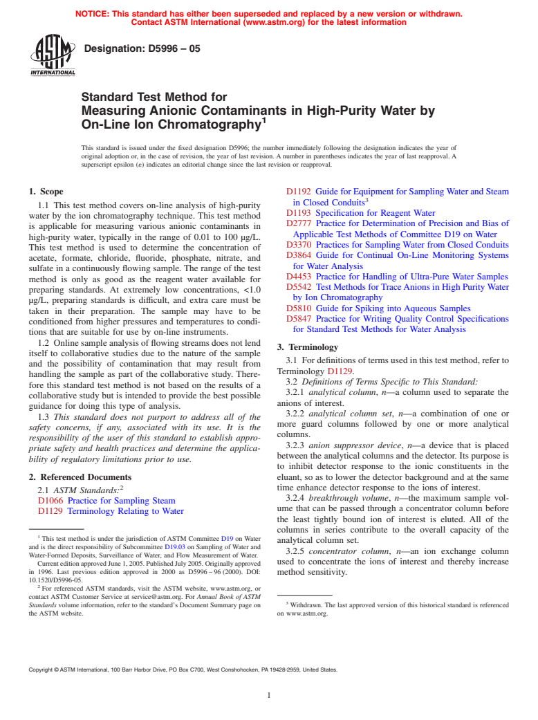 ASTM D5996-05 - Standard Test Method for Measuring Anionic Contaminants in High-Purity Water by On-Line Ion Chromatography