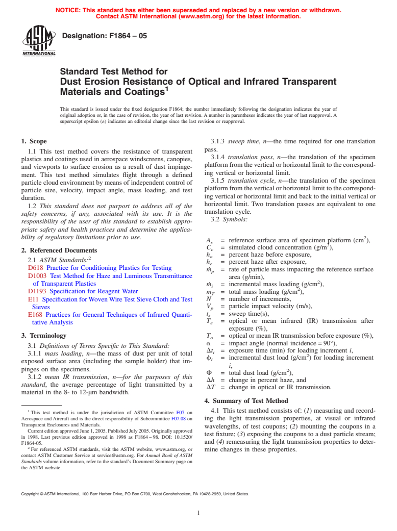 ASTM F1864-05 - Standard Test Method for Dust Erosion Resistance of Optical and Infrared Transparent Materials and Coatings